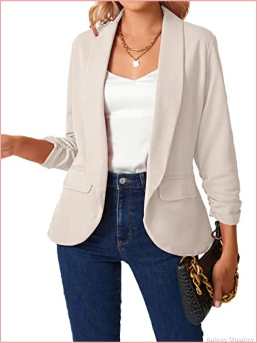 Womens Blazer 3/4 Ruched Sleeve Shawl Collar Business Work Open Front Pockets